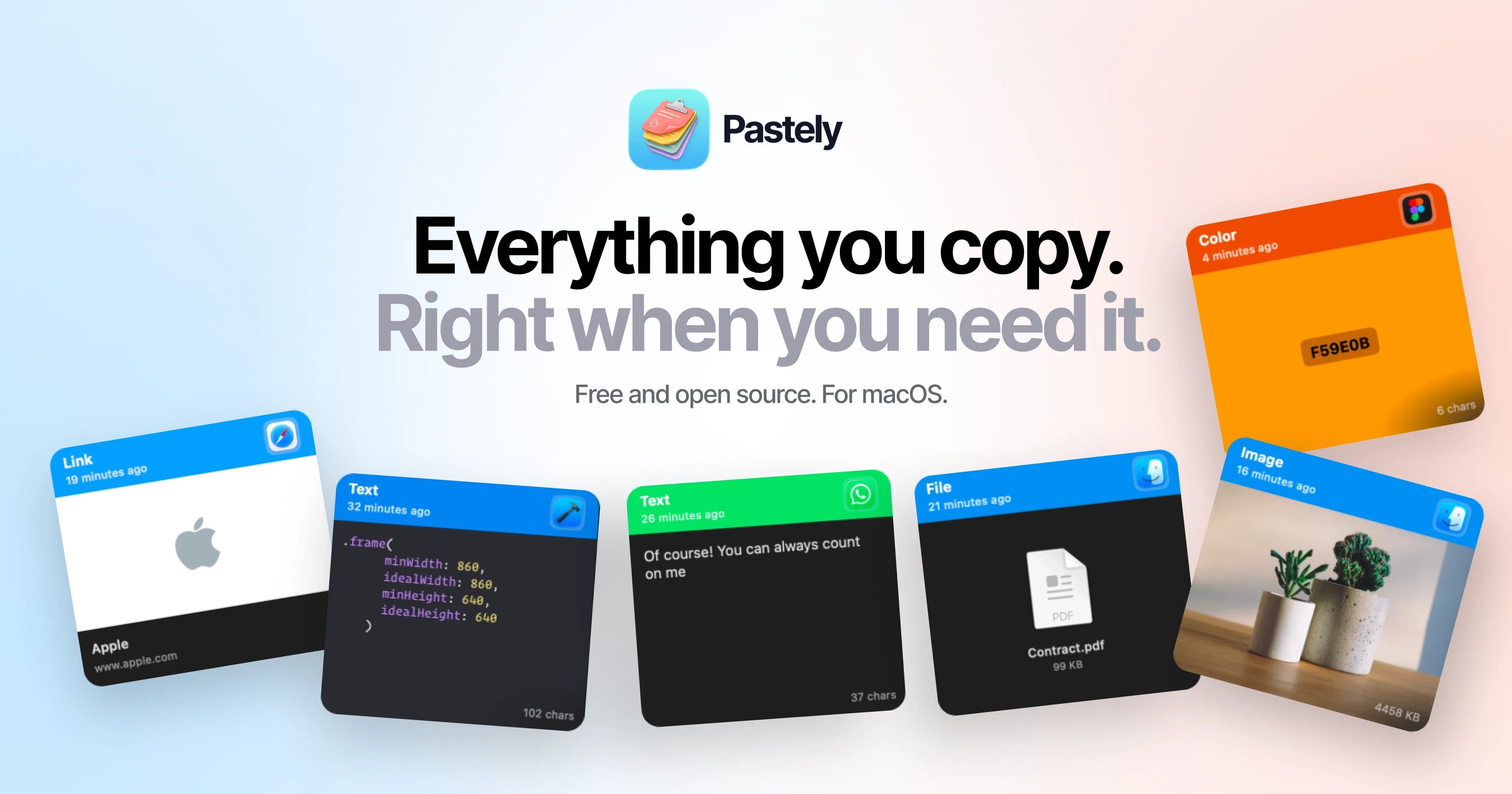 Pastely brand artwork: the app icon and wordmark above a fan of colour, link, text, file and image clipboard cards