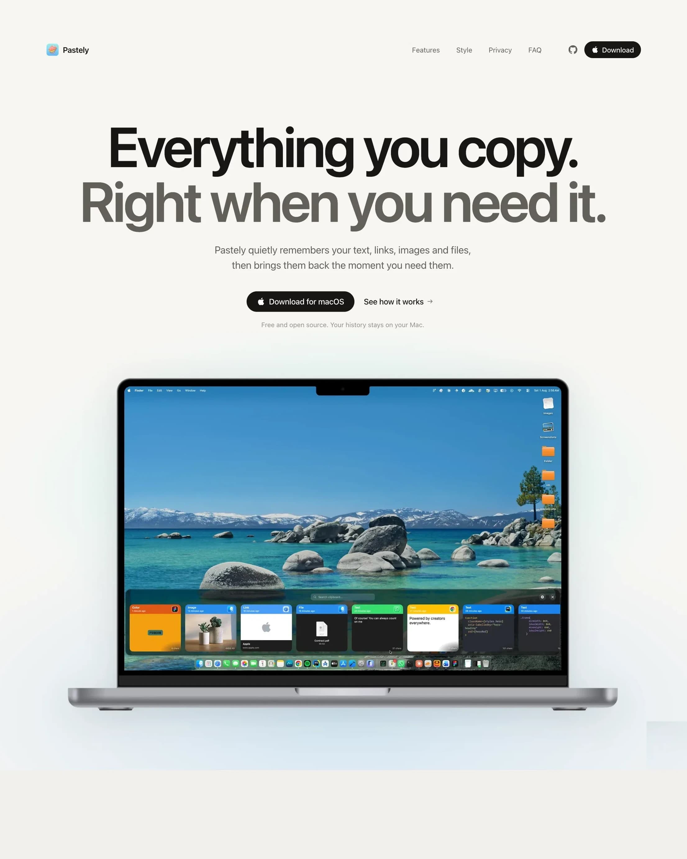 The Pastely site hero, with the app's clipboard panel open across the bottom of a MacBook screen