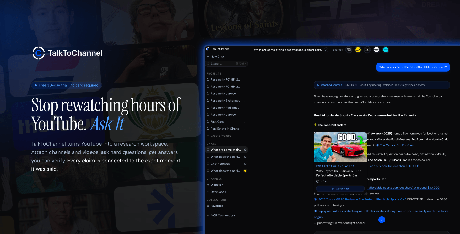 TalkToChannel research workspace showing a sourced answer with linked video evidence