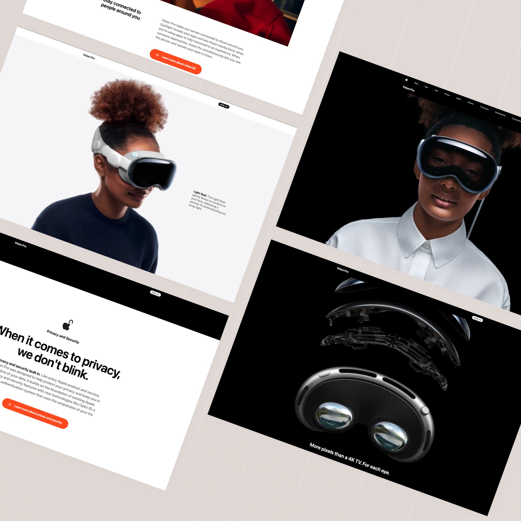 Collage of screens from the independent Apple Vision Pro landing page recreation