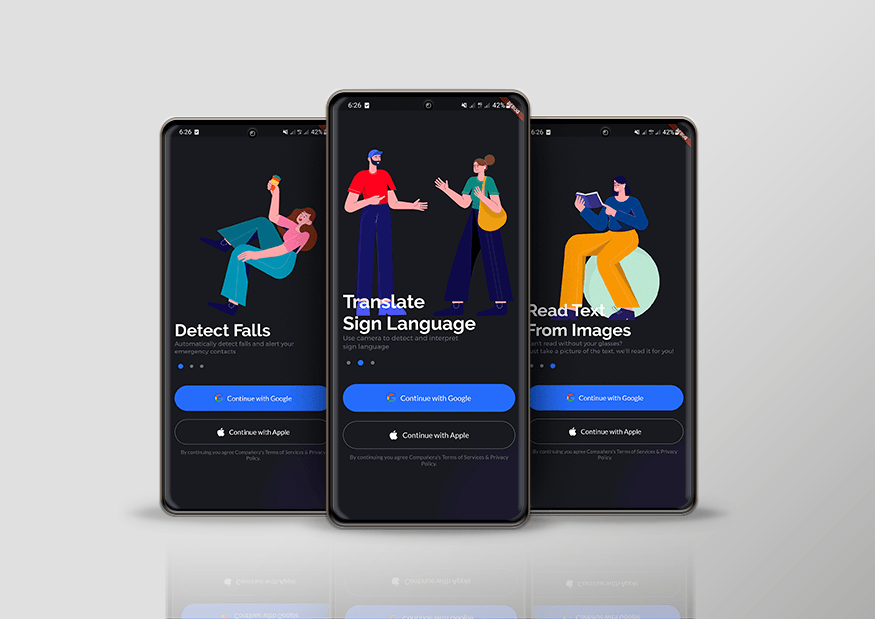 Three Compañera mobile screens for fall detection, sign-language translation and reading text from images