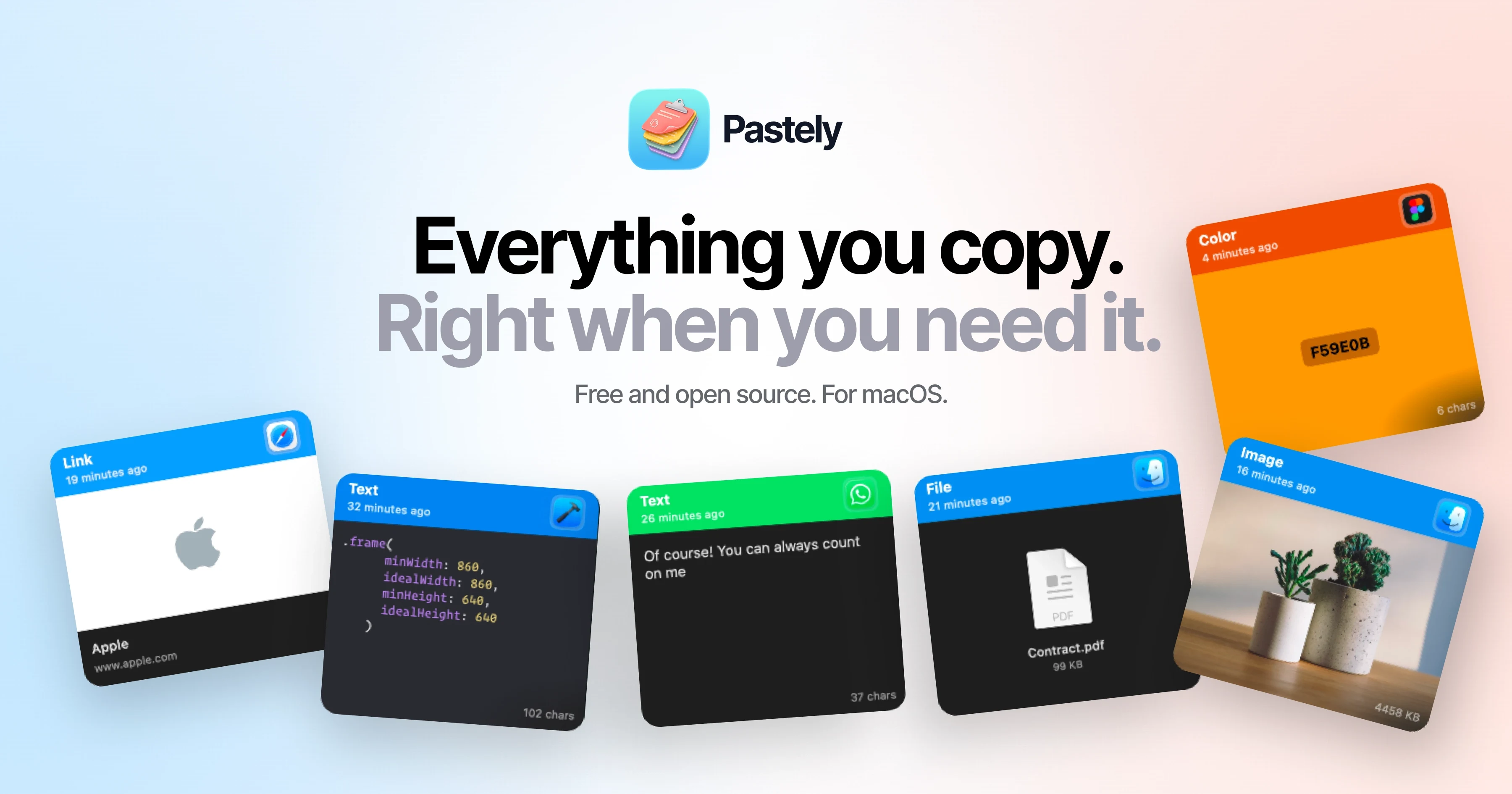Pastely brand artwork: the app icon and wordmark above a fan of colour, link, text, file and image clipboard cards