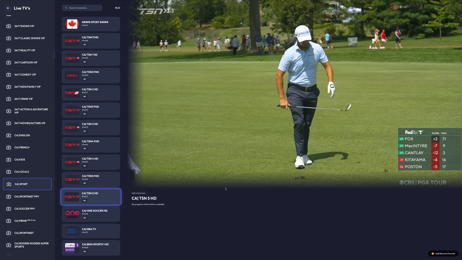 The EZ Play TV live channel browser running on a television, with a channel previewing alongside the list